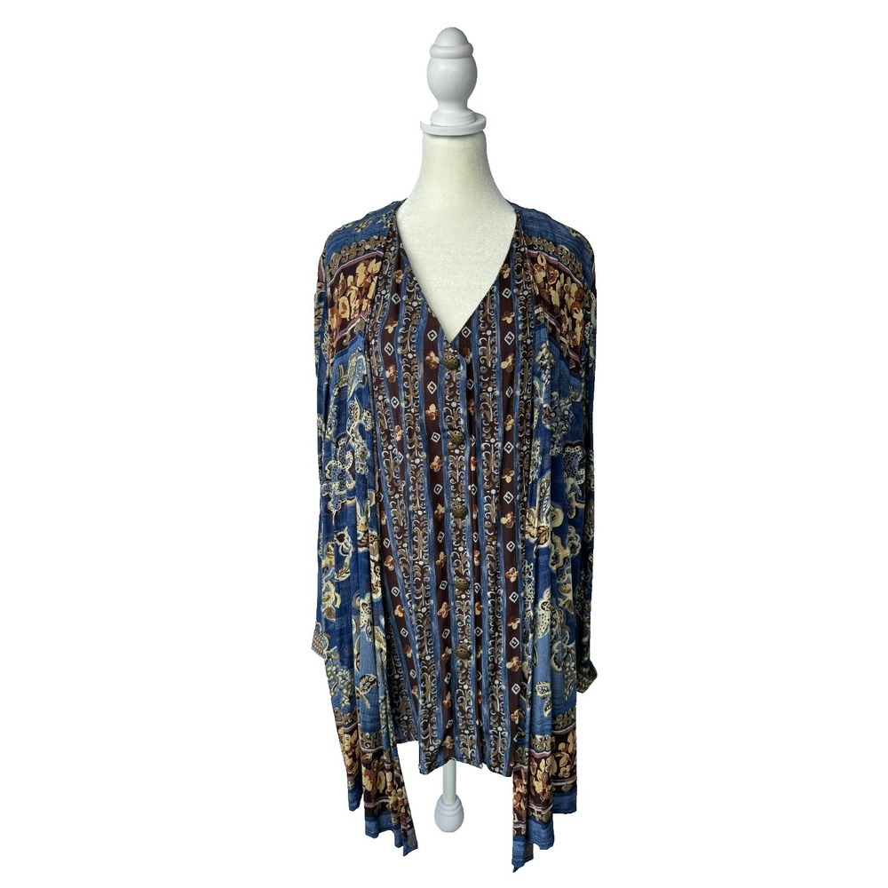 Vintage 90s Carole Little II Tunic Top Sz 16‎ Blue Brown Rayon Floral Boho Artsy